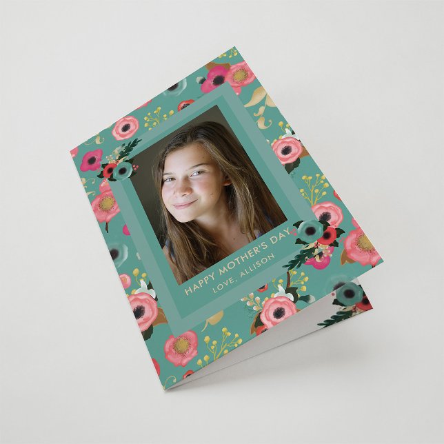 Carte Vibrant | Joyeuse Fête des Mères Teal Floral et Ph (Créateur téléchargé)