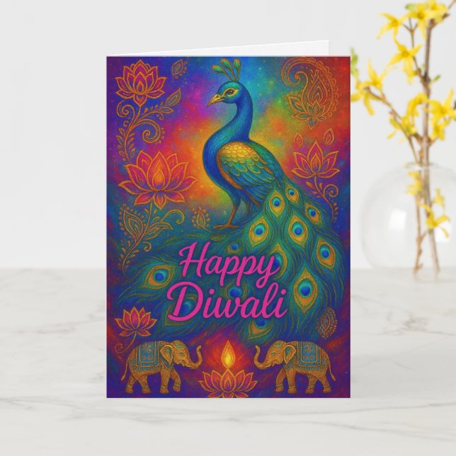 Carte Vibrant Peacock & Lotus Happy Diwali Salutation (Fleur jaune)