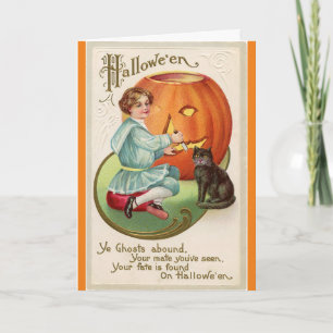 Carte Victorian Boy Carving Citrouille Halloween