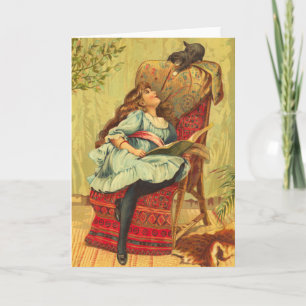 Carte Victorian Girl Lire un livre avec son chat
