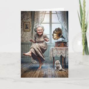 Carte Vieille dame faisant la fête pour son anniversaire