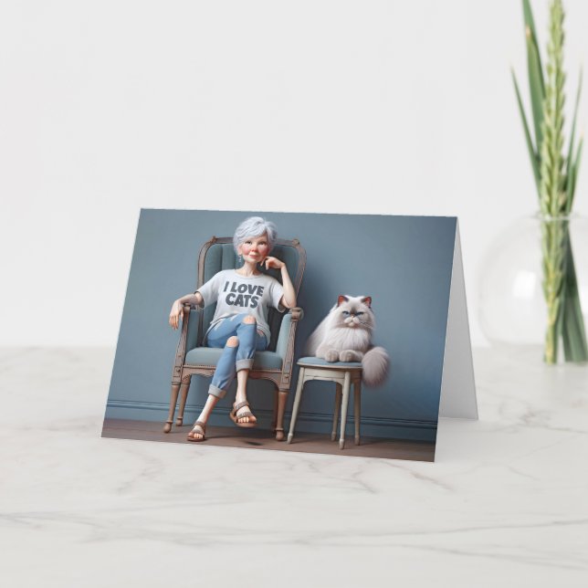 Carte Vielle Dame Avec I Love Cats T-shirt (Devant)