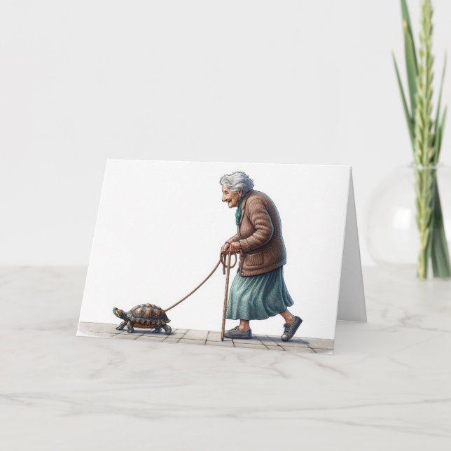 Carte Vielle dame marcher une tortue (Devant)