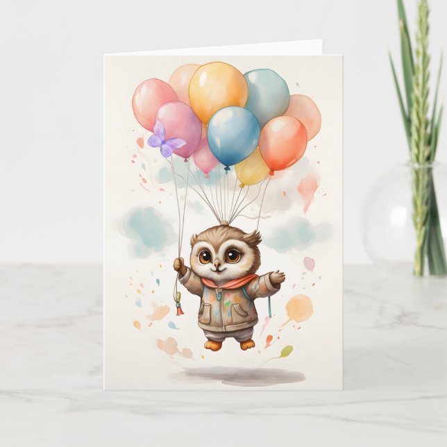 Carte vierge aquarelle de chouette avec ballons co (Devant)