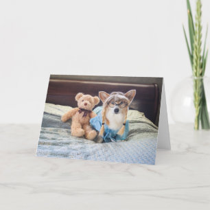 Carte vierge Corgi Petite Fille au Lit