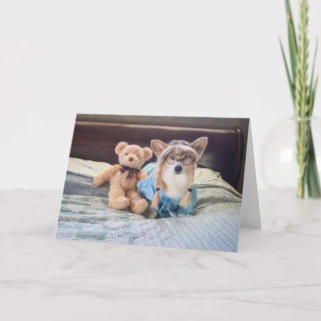 Carte vierge Corgi Petite Fille au Lit (Devant)