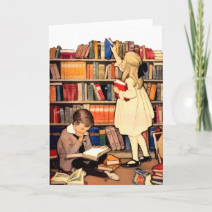 Carte vierge d'enfants vintage lisant des livres d