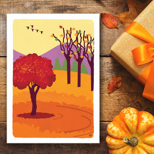 Carte vierge d'un paysage d'automne, arbres et feu