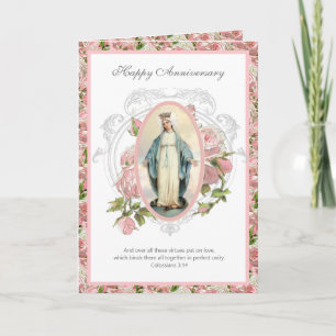 Carte Vierge Marie Roses Anniversaire Vintage Religieux