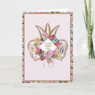 Carte Vierge Marie Roses religieux Rosaire Floral Cathol