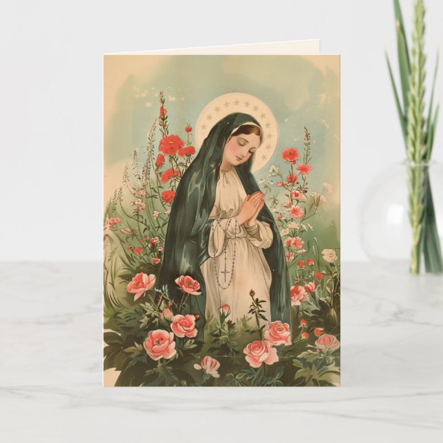 Carte Vierge Marie Roses rouges Prière du Rosaire (Devant)