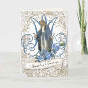 Carte Vierge religieuse Marie Fleurs bleues Vintages