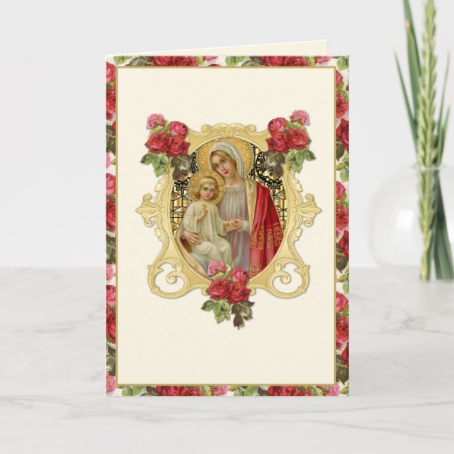 Carte Vierge religieuse Marie Jésus Rouge Floral Catholi (Devant)