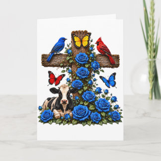 Carte vierge Rustique Croix Roses Bleues Vache et
