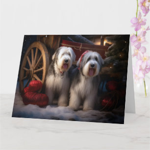 Carte Vieux anglais Cheepdog Snowy Sleigh Décor de Noël