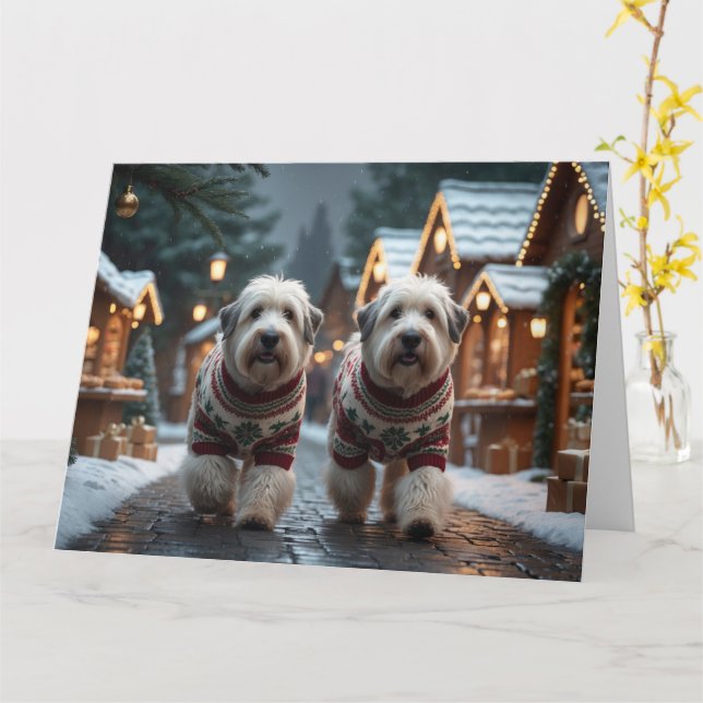 Carte Vieux chiens de mouton anglais Noël Fête de neige (Fleur jaune)