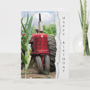 Carte vieux tracteur agricole rouge à cornfield annivers