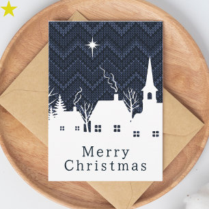 Carte Village de Noël en tricot chevron bleu rustique