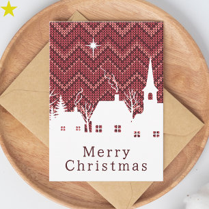 Carte Village de Noël en tricot chevron rose rustique