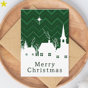 Carte Village de Noël en tricot chevron vert rustique