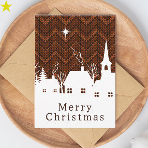 Carte Village de Noël en tricot rustique orange brûlé en