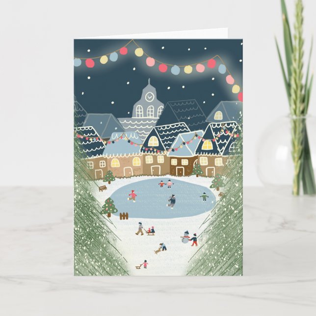 Carte Village d'hiver de Noël illustré (Devant)