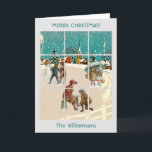 Carte Village Vintage de Noël Père Noël Trees<br><div class="desc">Jolie carte "Noël avec un sentiment Vintage" comme si vous regardiez par la fenêtre. Et,  à l'intérieur,  il y a une surprise spéciale — une scène de Noël — des arbres et Père Noël — dans sa voiture — prêt à offrir des cadeaux merveilleux à tous.</div>