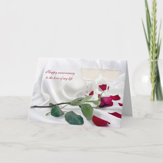 Carte Vin d'anniversaire et rose sur satin (Devant)
