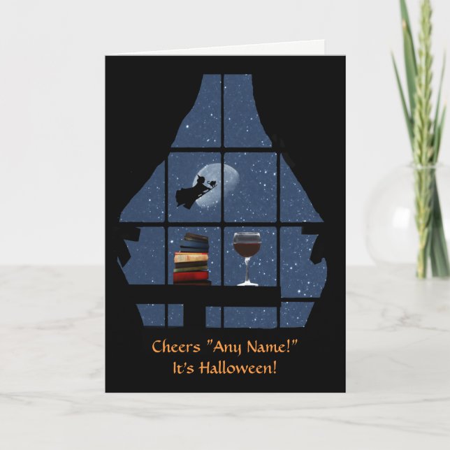 Carte Vin d'Halloween et sorcière drôle Nom personnalisé (Devant)