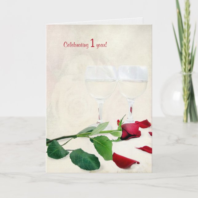 Carte vin et rose rouge pour 1er anniversaire (Devant)