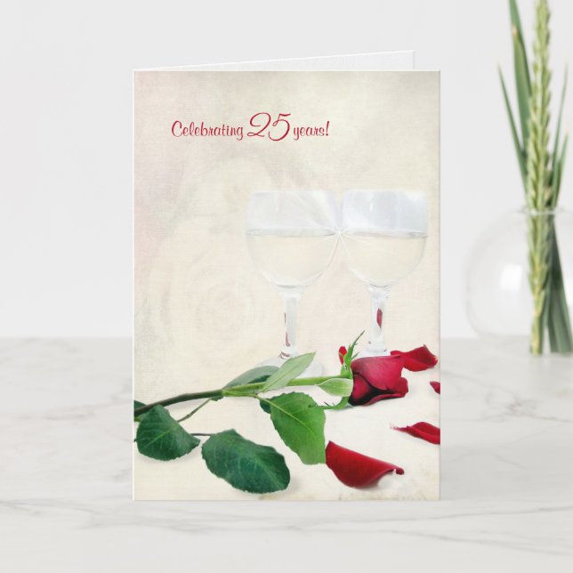 Carte vin et rose rouge pour 25e anniversaire (Devant)
