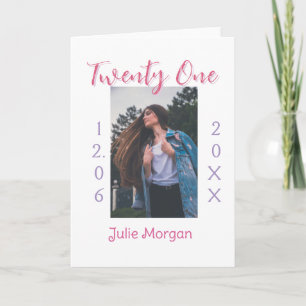 Carte vingt et un ans photo anniversaire rose violet fil