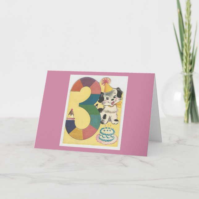 Carte Vintage "3 ans" Joyeux anniversaire avec chien (Devant)