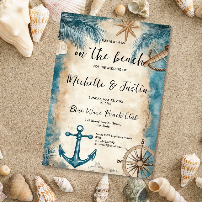 Carte vintage Ancre de plage Mariage côtier (blue and beige anchor and vintage map coastal wedding invitation)