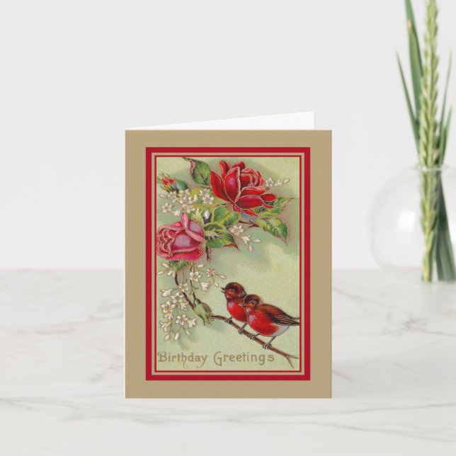 Carte Vintage antique birthday greetings, robins, bruses (Devant)