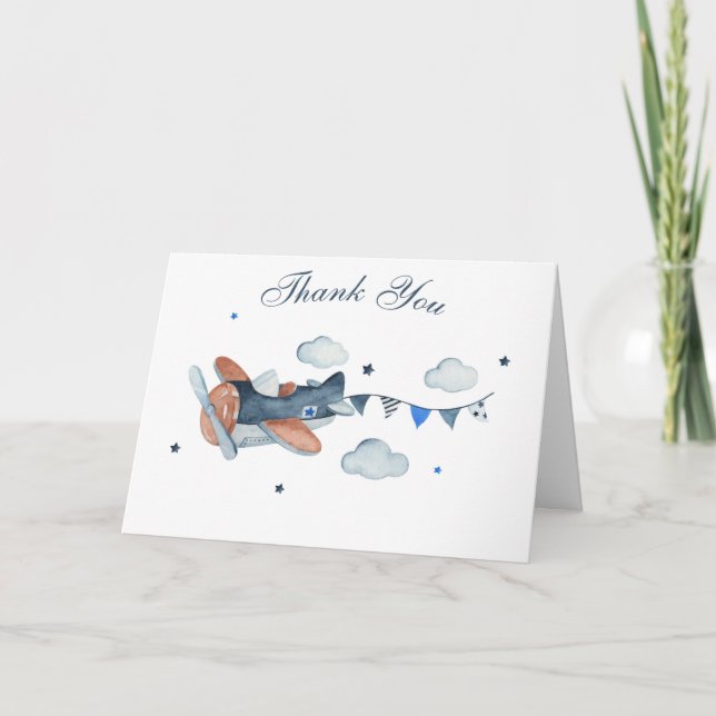 Carte Vintage avion nuages Baby shower Merci (Devant)