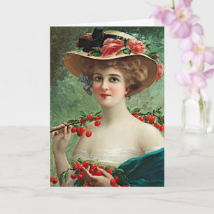 Carte Vintage Belle Dame, Casquette Fleurs & Cerises