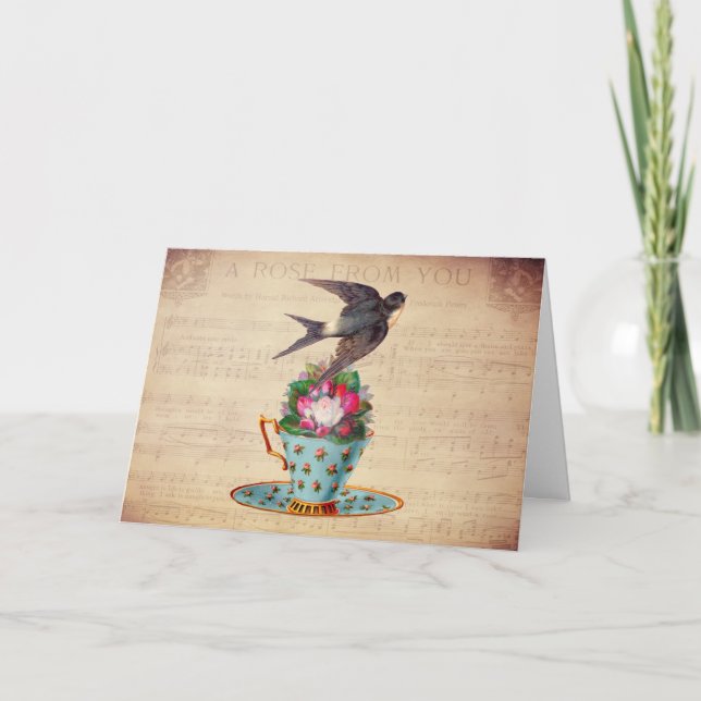 Carte Vintage Bird, Roses et Teacup (Devant)