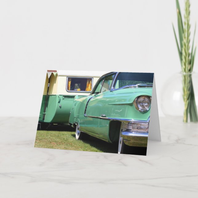 CARTE VINTAGE CAMPER TRAILER & CLASSIC CAR BIRTHDAY CARD (Devant)