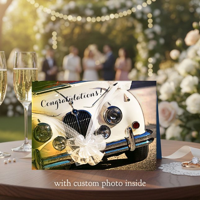 Carte Vintage Car Wedding Congratulations Card (Wedding or anniversary congratulations card featuring a vintage car with festive bridal bows)