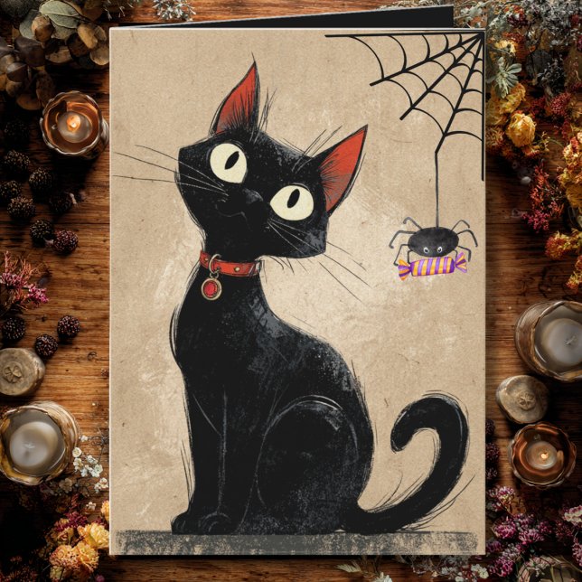 Carte Vintage Chat Noir Cute Spider Gothique Halloween (Créateur téléchargé)