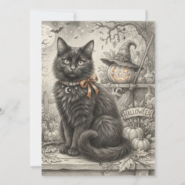 Carte Vintage Chat Noir Halloween  (Devant)