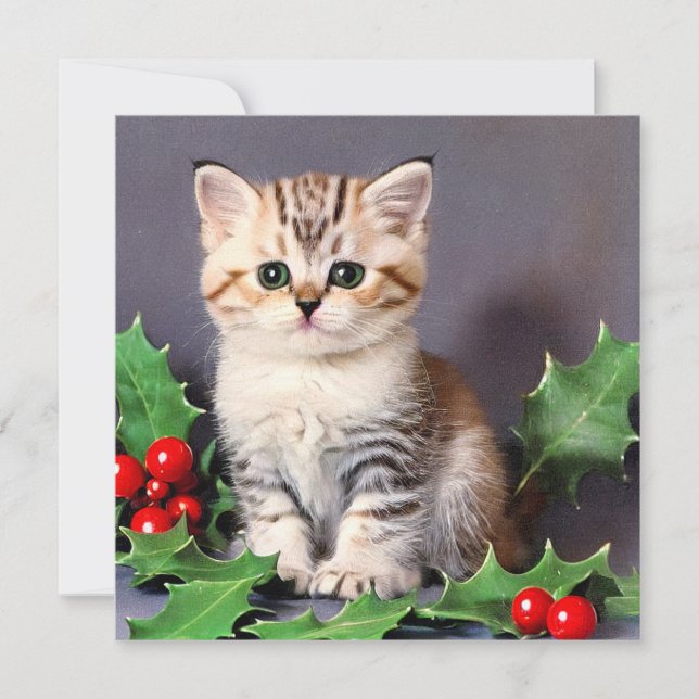 Carte Vintage Christmas Kitten et Holly (Devant)