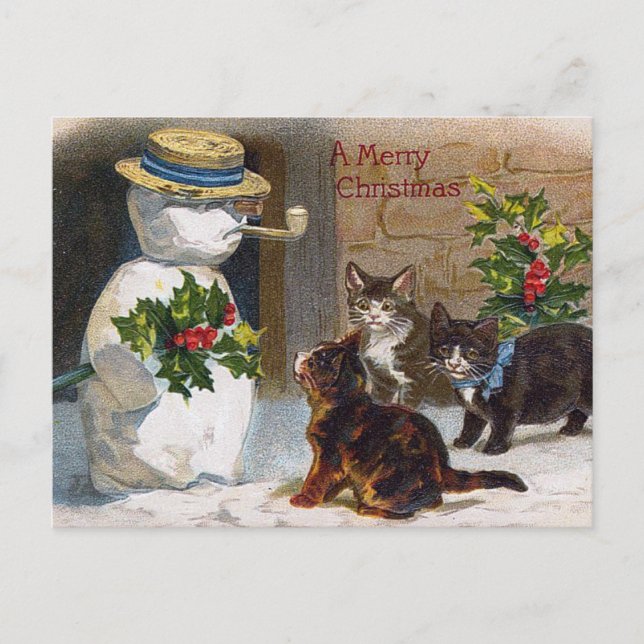 Carte Vintage Christmas Snowman & Kittens (Devant)