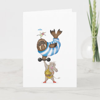 Carte Vintage circus warthog strongman with walrus