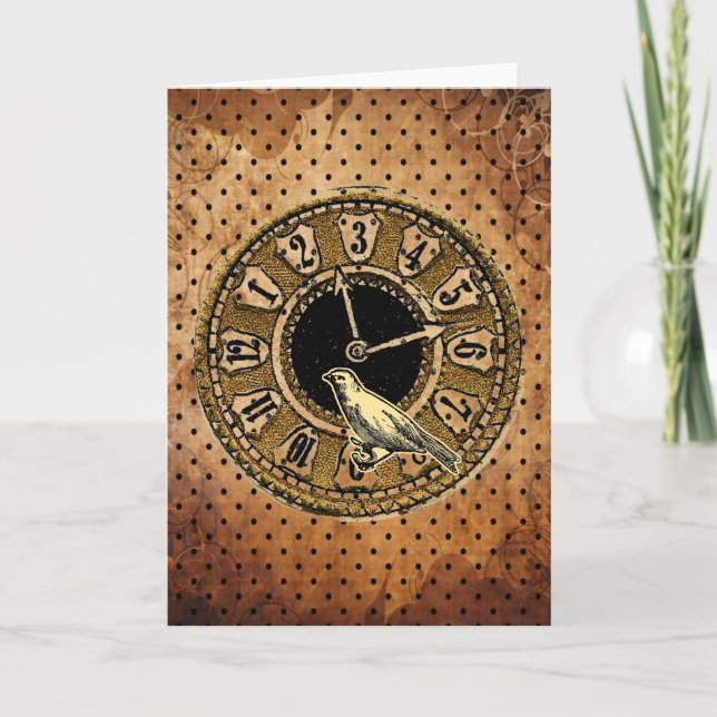 Carte Vintage Clock and Bird Greeting Card (Devant)