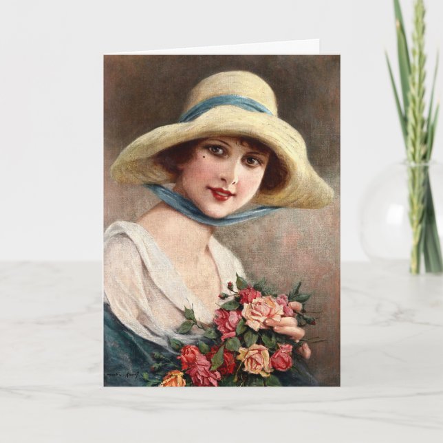 Carte Vintage Dame Avec Bouquet De Roses (Devant)