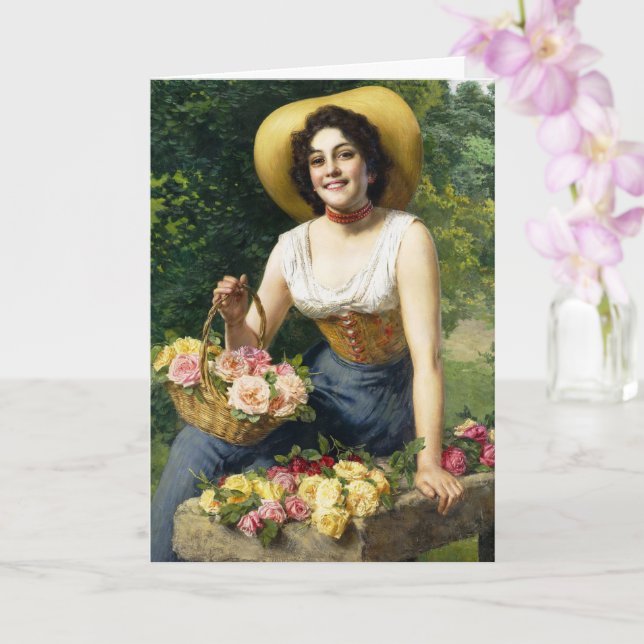 Carte Vintage Dame Avec Panier De Roses (Orchidée)