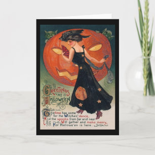 Carte Vintage dame en noir et Jack o' Lantern