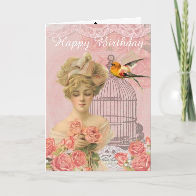 Carte Vintage dame victorienne, et Birdcage. Anniversair (Devant)